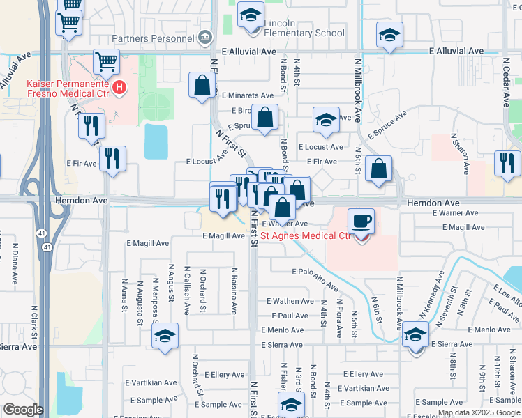 map of restaurants, bars, coffee shops, grocery stores, and more near 6742 North First Street in Fresno