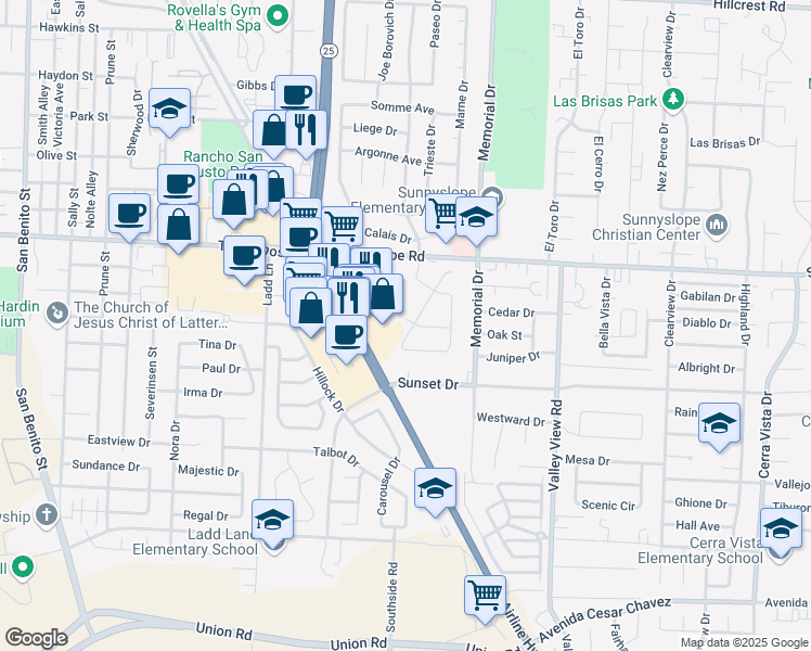 map of restaurants, bars, coffee shops, grocery stores, and more near 1620 Liberty Drive in Hollister