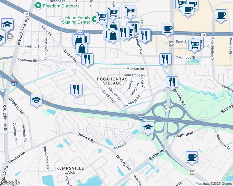 map of restaurants, bars, coffee shops, grocery stores, and more near 4892 Klamath Road in Virginia Beach