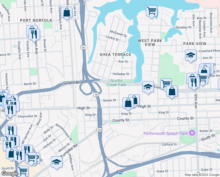 map of restaurants, bars, coffee shops, grocery stores, and more near 413 Constitution Avenue in Portsmouth