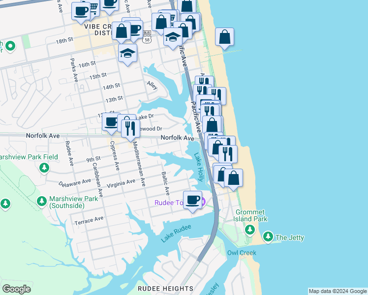 map of restaurants, bars, coffee shops, grocery stores, and more near 817 Arctic Avenue in Virginia Beach