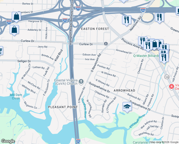 map of restaurants, bars, coffee shops, grocery stores, and more near 212 South Newtown Road in Virginia Beach