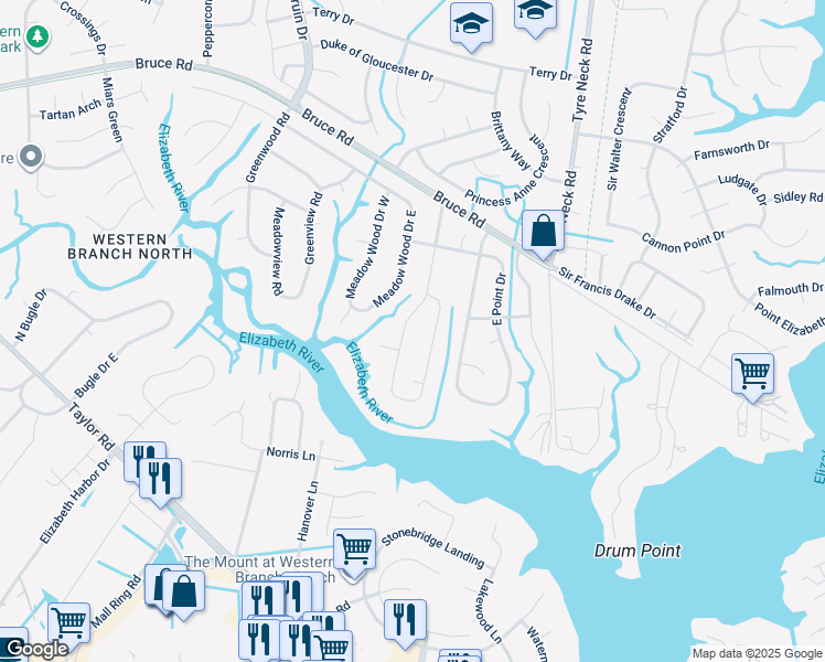 map of restaurants, bars, coffee shops, grocery stores, and more near 2711 West Meadow Drive in Chesapeake