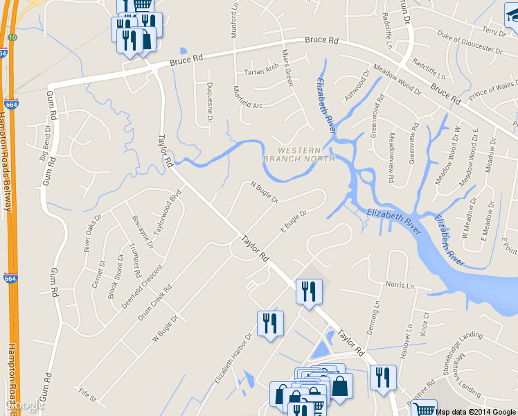 map of restaurants, bars, coffee shops, grocery stores, and more near 2308 Drum Creek Road in Chesapeake