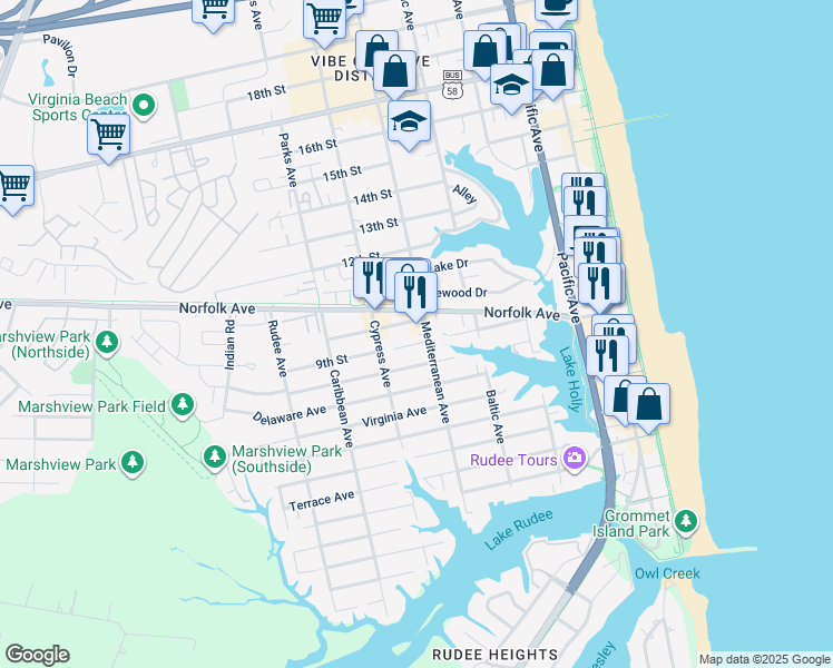 map of restaurants, bars, coffee shops, grocery stores, and more near 910 Mediterranean Avenue in Virginia Beach