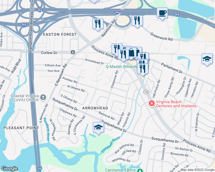 map of restaurants, bars, coffee shops, grocery stores, and more near 146 Comanche Court South in Virginia Beach
