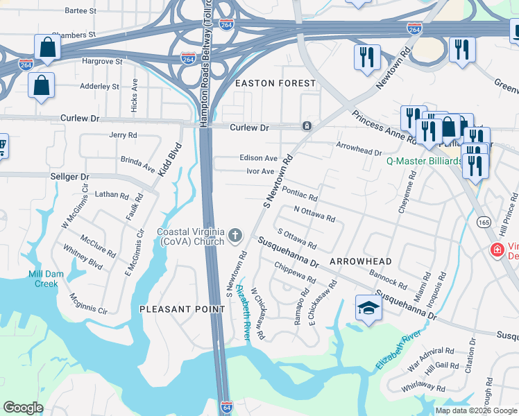 map of restaurants, bars, coffee shops, grocery stores, and more near 212 South Newtown Road in Virginia Beach