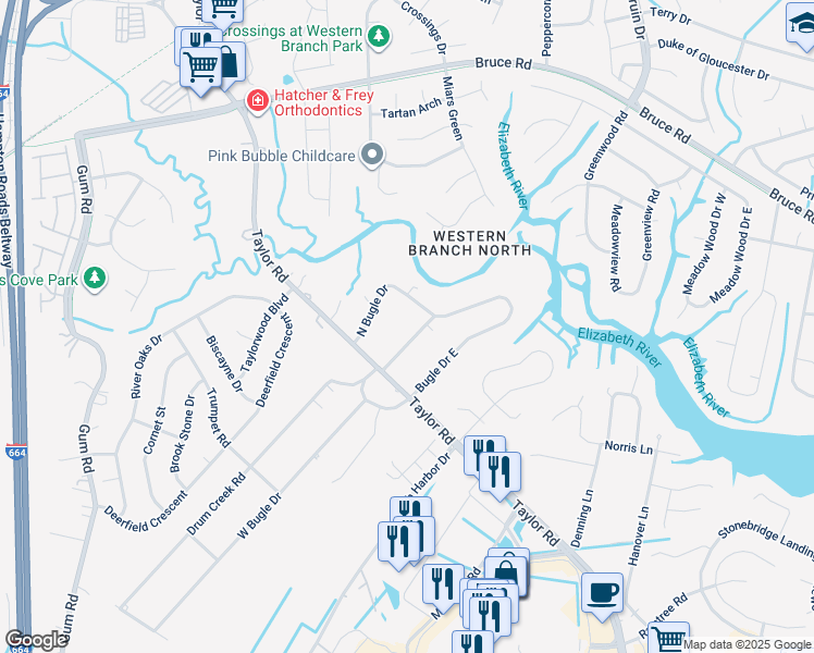 map of restaurants, bars, coffee shops, grocery stores, and more near 2308 Drum Creek Road in Chesapeake