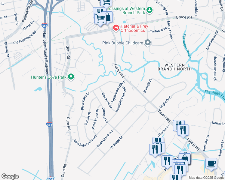 map of restaurants, bars, coffee shops, grocery stores, and more near 3104 Taylorwood Court in Chesapeake