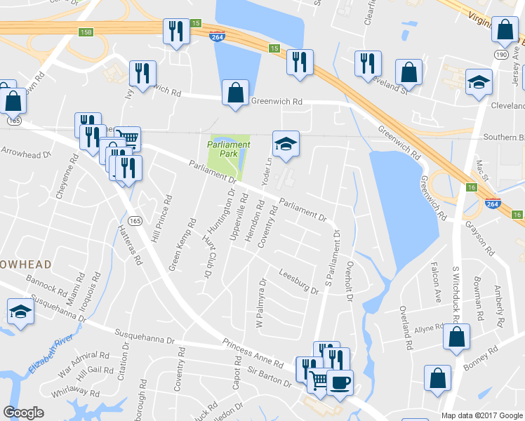 map of restaurants, bars, coffee shops, grocery stores, and more near 160 Herndon Road in Virginia Beach