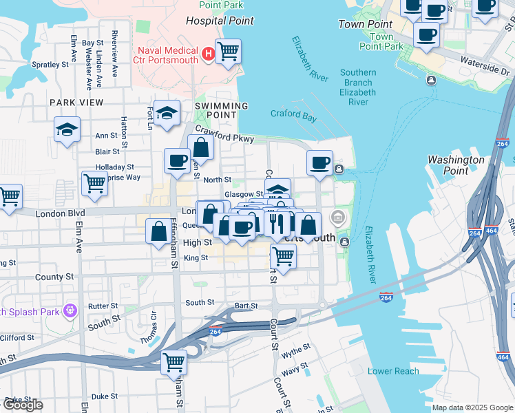 map of restaurants, bars, coffee shops, grocery stores, and more near 414 London Street in Portsmouth
