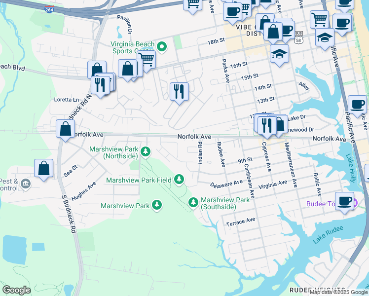 map of restaurants, bars, coffee shops, grocery stores, and more near 1152 Indian Road in Virginia Beach