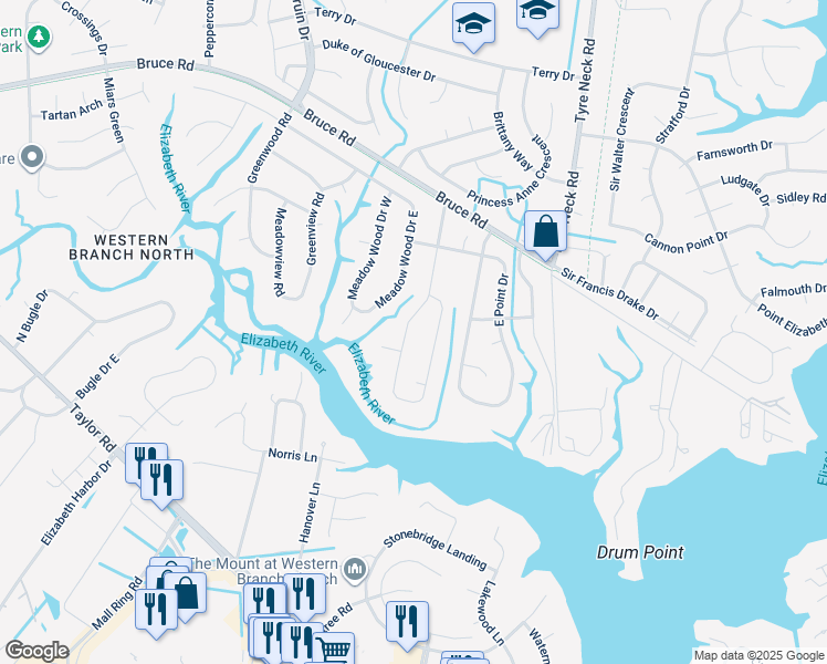 map of restaurants, bars, coffee shops, grocery stores, and more near 2711 West Meadow Drive in Chesapeake