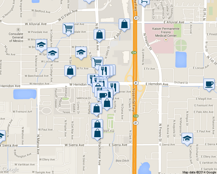 map of restaurants, bars, coffee shops, grocery stores, and more near 6770 N Blackstone Ave in Fresno