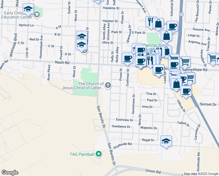 map of restaurants, bars, coffee shops, grocery stores, and more near 1670 Cienega Road in Hollister
