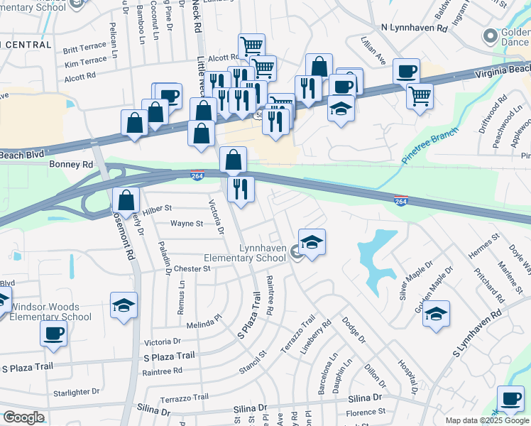 map of restaurants, bars, coffee shops, grocery stores, and more near 124 Palm Beach Place in Virginia Beach
