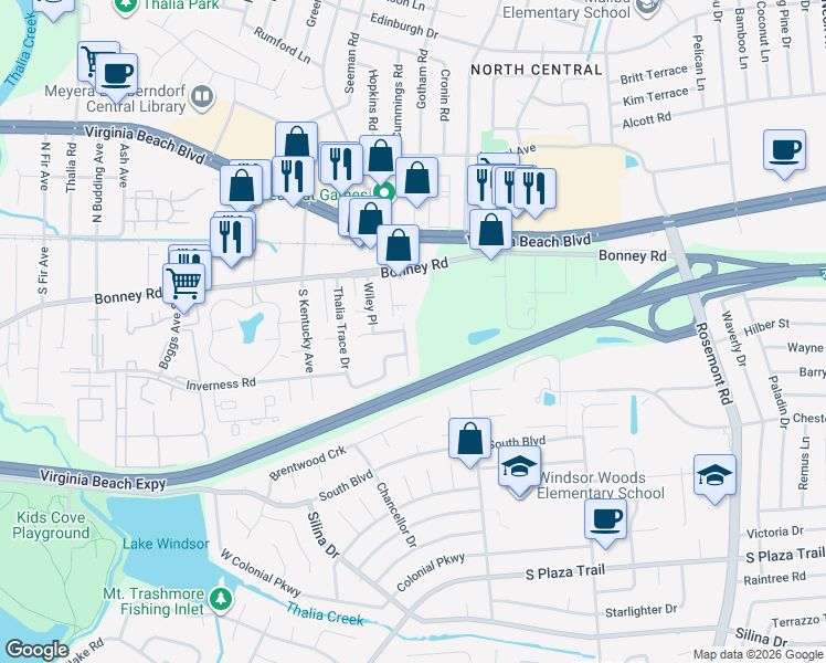 map of restaurants, bars, coffee shops, grocery stores, and more near 3907 Pollypine Drive in Virginia Beach