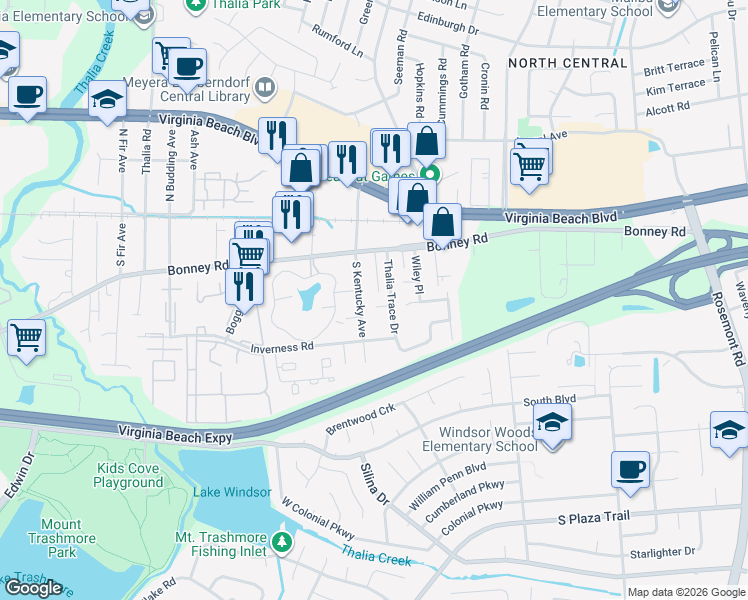 map of restaurants, bars, coffee shops, grocery stores, and more near 3918 Thalia Trace Court in Virginia Beach
