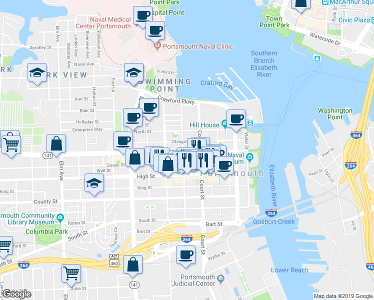 map of restaurants, bars, coffee shops, grocery stores, and more near 420 London Street in Portsmouth