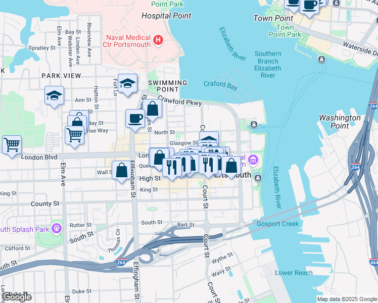 map of restaurants, bars, coffee shops, grocery stores, and more near 420 London Street in Portsmouth