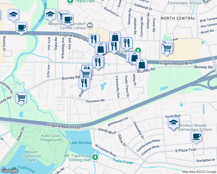 map of restaurants, bars, coffee shops, grocery stores, and more near 132 Runaway Bay Drive in Virginia Beach