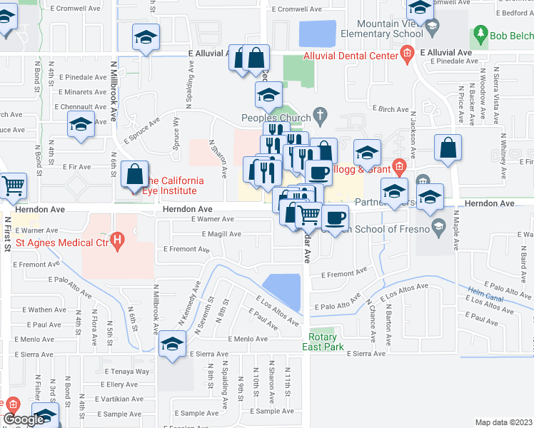 map of restaurants, bars, coffee shops, grocery stores, and more near 1698 East Warner Avenue in Fresno