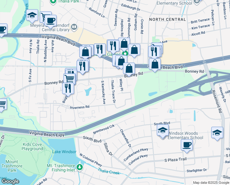 map of restaurants, bars, coffee shops, grocery stores, and more near 152 Thalia Trace Drive in Virginia Beach