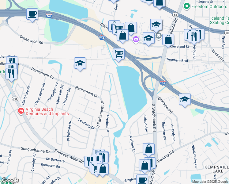 map of restaurants, bars, coffee shops, grocery stores, and more near 141 Convention Drive in Virginia Beach