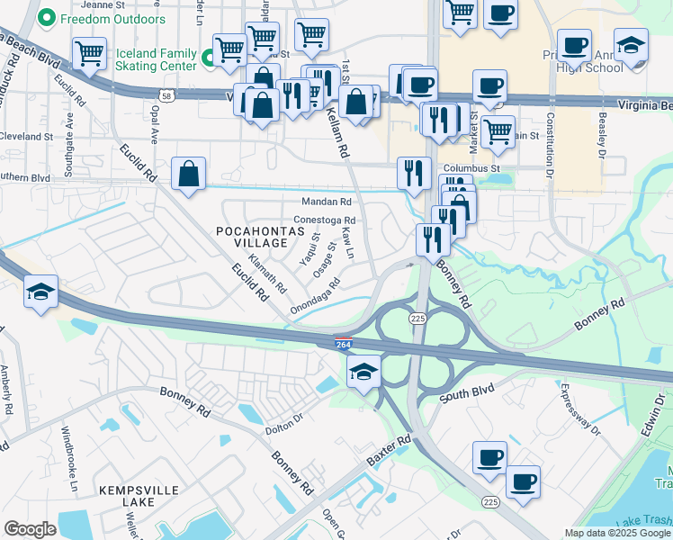 map of restaurants, bars, coffee shops, grocery stores, and more near 117 Onondaga Road in Virginia Beach