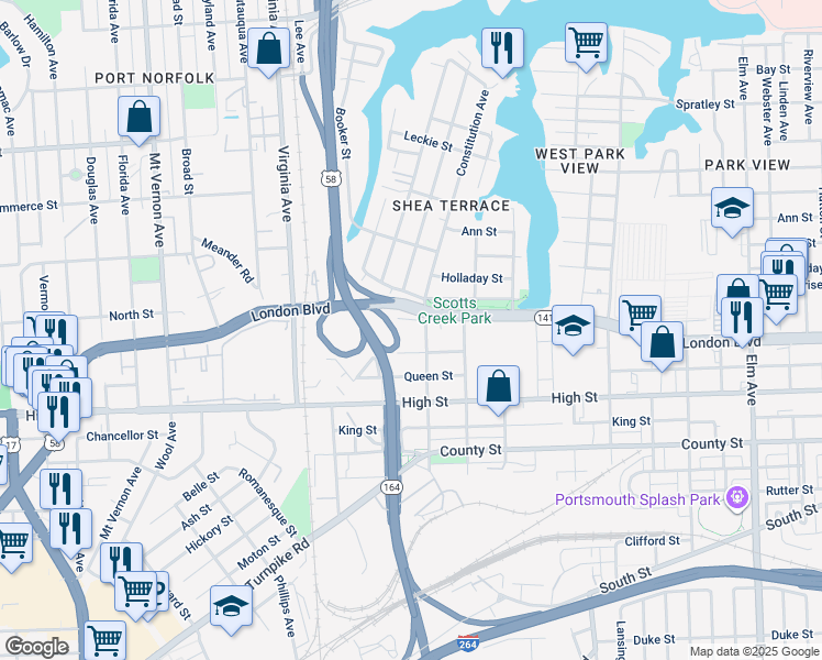 map of restaurants, bars, coffee shops, grocery stores, and more near 2117 London Boulevard in Portsmouth