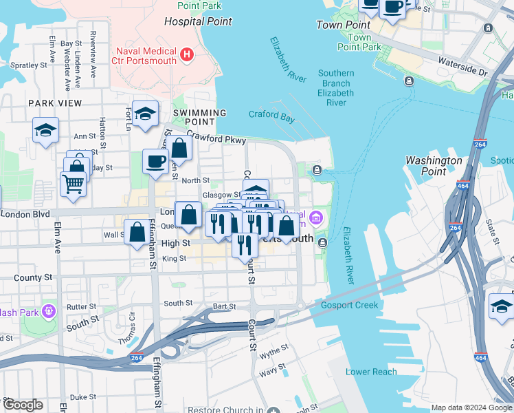 map of restaurants, bars, coffee shops, grocery stores, and more near 326 London Street in Portsmouth