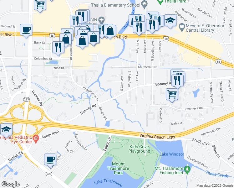 map of restaurants, bars, coffee shops, grocery stores, and more near 4356 Bonney Road in Virginia Beach