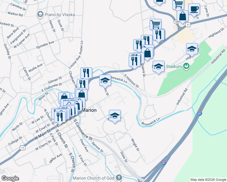 map of restaurants, bars, coffee shops, grocery stores, and more near 621 East Main Street in Marion