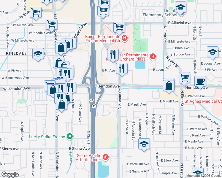 map of restaurants, bars, coffee shops, grocery stores, and more near 343 East Herndon Avenue in Fresno