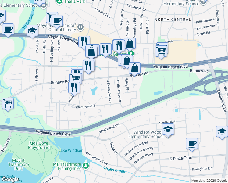 map of restaurants, bars, coffee shops, grocery stores, and more near 3918 Thalia Trace Court in Virginia Beach