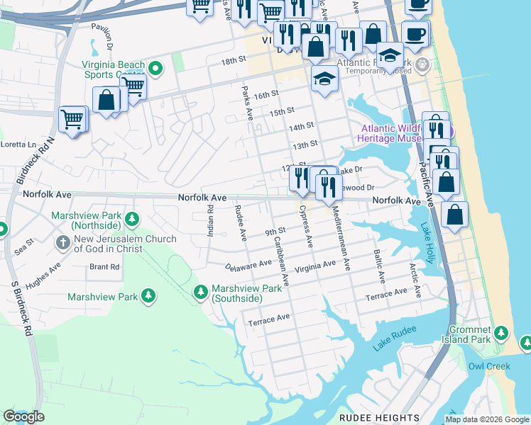 map of restaurants, bars, coffee shops, grocery stores, and more near 1009 Barclay Square in Virginia Beach