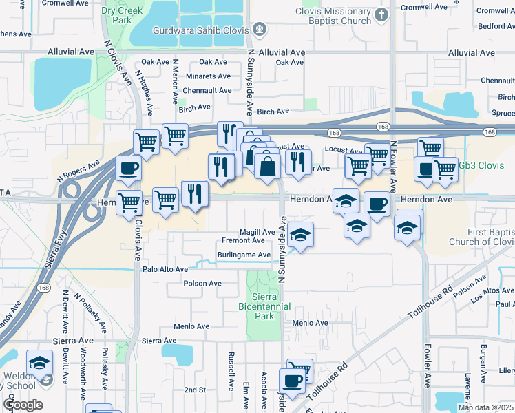 map of restaurants, bars, coffee shops, grocery stores, and more near 386 North Duke Avenue in Clovis