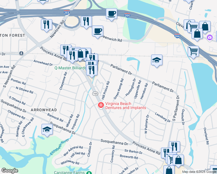 map of restaurants, bars, coffee shops, grocery stores, and more near 162 Hill Prince Road in Virginia Beach