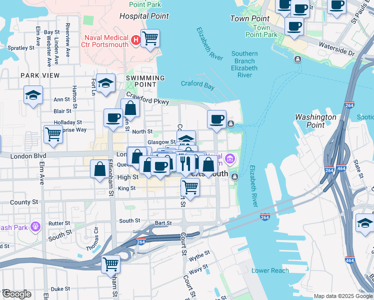 map of restaurants, bars, coffee shops, grocery stores, and more near 326 London Street in Portsmouth