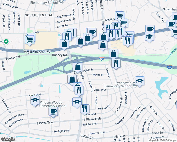 map of restaurants, bars, coffee shops, grocery stores, and more near 3545 Hilber Street in Virginia Beach