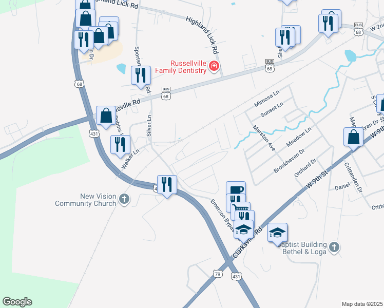 map of restaurants, bars, coffee shops, grocery stores, and more near Logan Estates Lane G in Russellville
