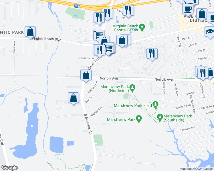 map of restaurants, bars, coffee shops, grocery stores, and more near Ackiss Avenue in Virginia Beach