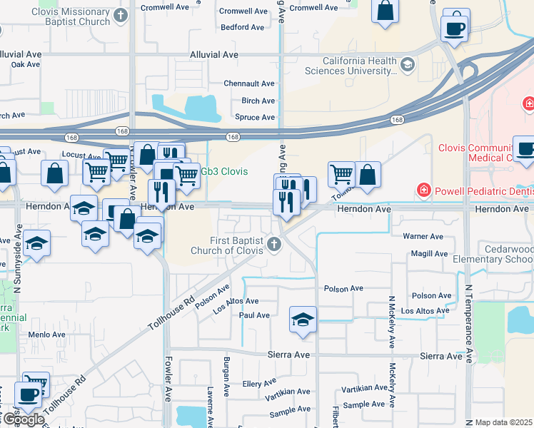 map of restaurants, bars, coffee shops, grocery stores, and more near 2189 Boccioni Lane in Clovis