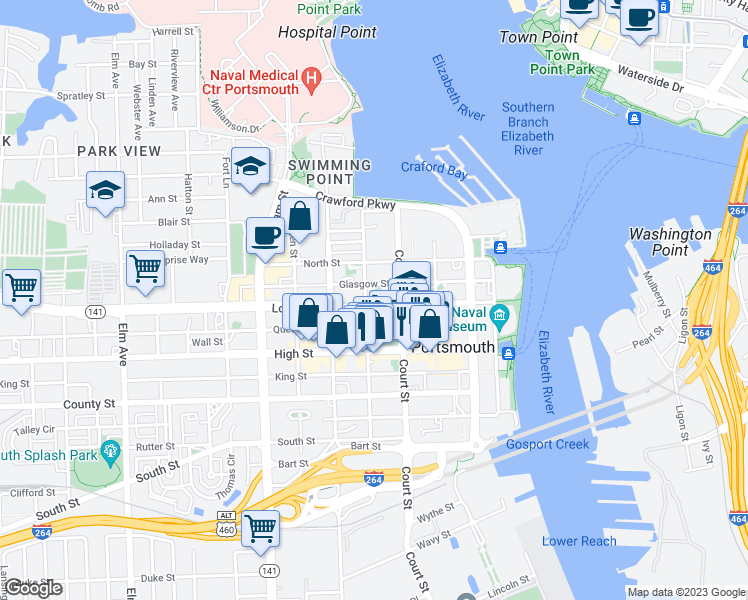 map of restaurants, bars, coffee shops, grocery stores, and more near 420 London Street in Portsmouth
