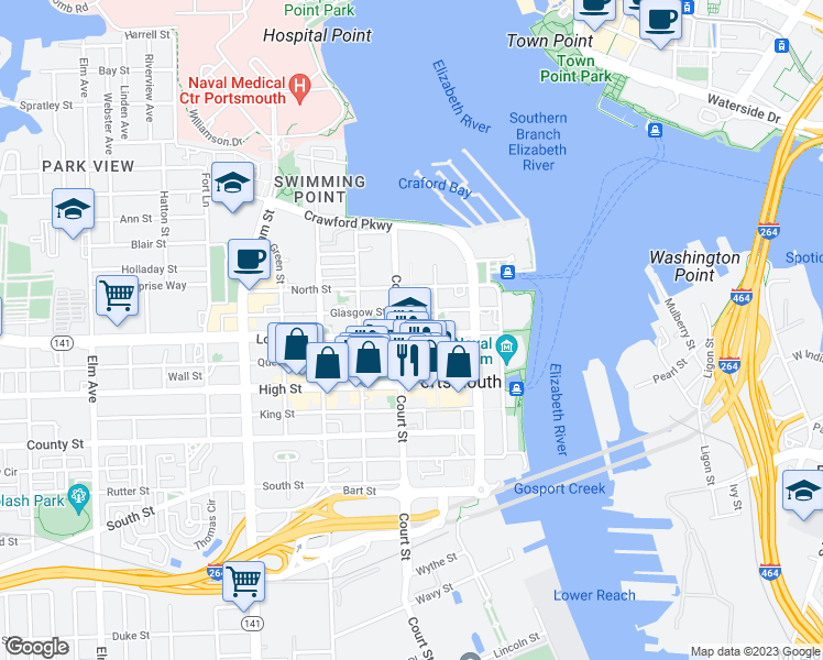 map of restaurants, bars, coffee shops, grocery stores, and more near 326 London Street in Portsmouth