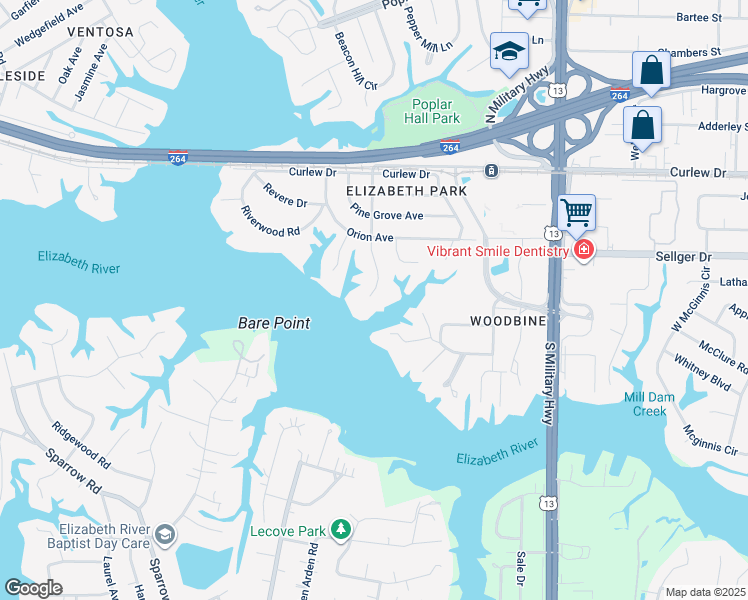 map of restaurants, bars, coffee shops, grocery stores, and more near 260 Huntsman Road in Norfolk