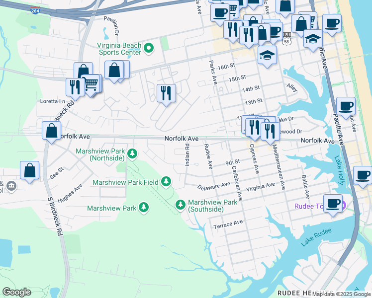 map of restaurants, bars, coffee shops, grocery stores, and more near 1200 Indian Road in Virginia Beach