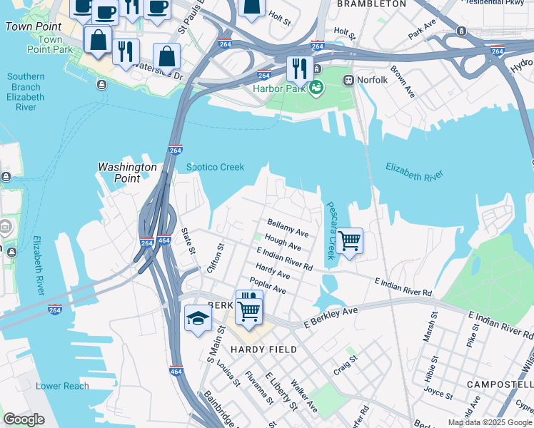 map of restaurants, bars, coffee shops, grocery stores, and more near 202 South Main Street in Norfolk