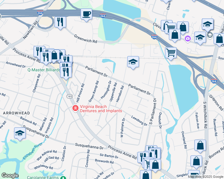 map of restaurants, bars, coffee shops, grocery stores, and more near 165 Upperville Rd in Virginia Beach