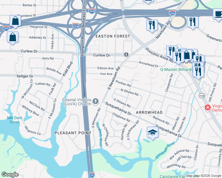 map of restaurants, bars, coffee shops, grocery stores, and more near 212 South Newtown Road in Virginia Beach